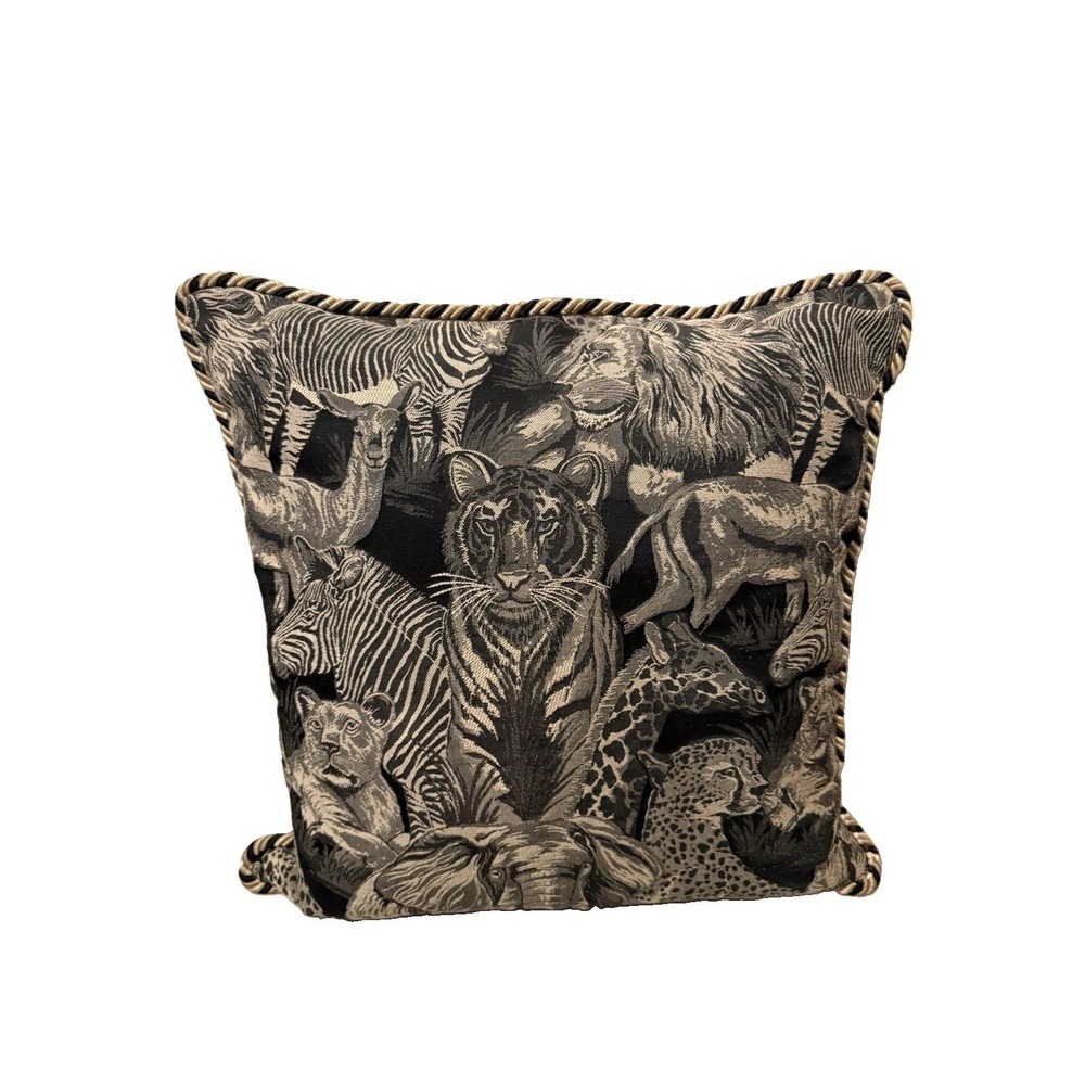 Vtg Blazing Needles Safari Tapestry Throw Pillow Double Corded Animals 20x20"